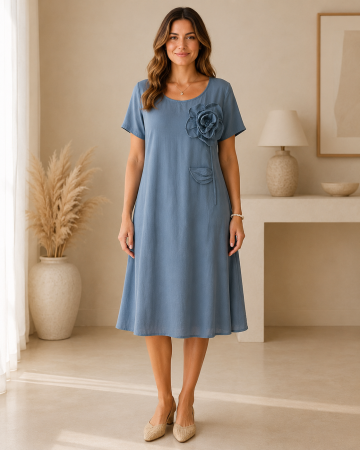 Rochii Dama - Rochie dama midi lejera din bumbac cu aplicatie florala 3D si maneca scurta