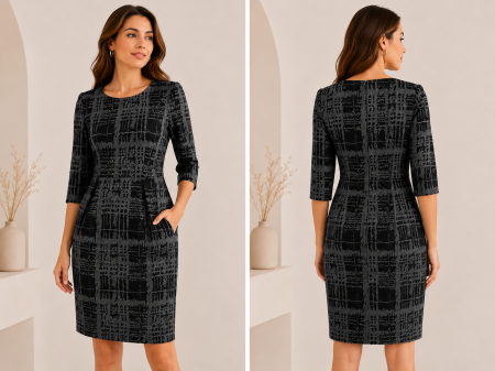Rochii Dama - Rochie dama neagra cu imprimeu geometric gri si maneca trei sferturi