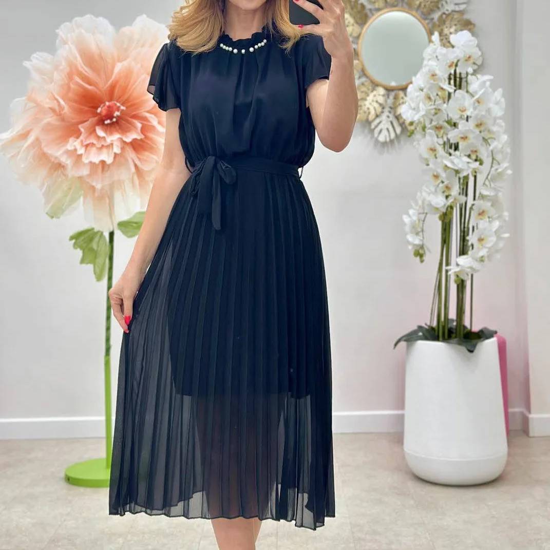 Rochii Dama - Rochie damă plisată din voal cu cordon – talie elastică – 7 culori – mărime unică S-L