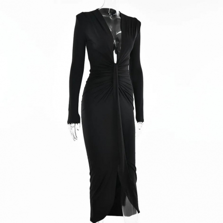 Rochie Dama Satin croiala cu fronseuri si decolteu adanc - Hannah - maneca lunga [2]