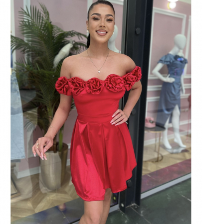 Rochii Dama - Rochie Dama Satin Scurta cu Trandafiri - Clara