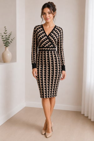 Rochii Dama - Rochie de tricot cu decolteu in V, imprimeu geometric si croi cambrat