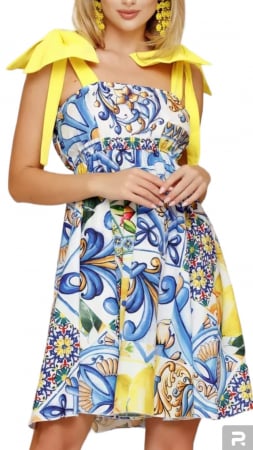Rochii Dama - Rochie Dama de vara Sunshine Dreams - Bretele, Imprimeu Vibrant și Funde Maxi
