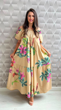 Rochii Dama - Rochie diafana din bumbac cu imprimeu floral tropical si croi larg