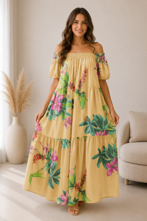 Rochii Dama - Rochie diafana din bumbac cu imprimeu floral tropical si croi larg