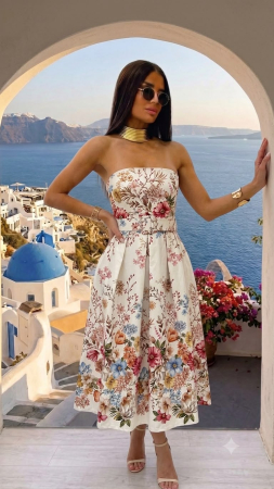 Rochii Dama - Rochie din bumbac cu imprimeu floral, buzunare laterale si talie evidentiata