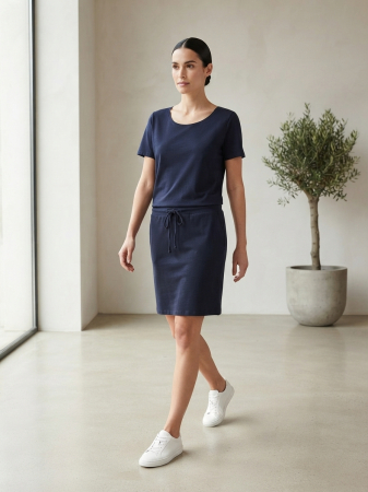 Rochii Dama - Rochie din bumbac cu snur in talie si buzunare, casual bleumarin