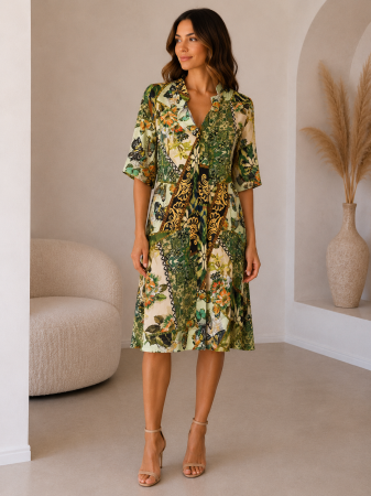Rochii Dama - Rochie din viscoza cu imprimeu floral si croi lejer, verde multicolor