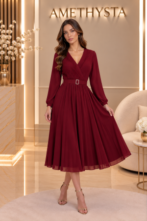 Rochii Dama - Rochie eleganta cu pliuri fine, decolteu petrecut si curea in talie