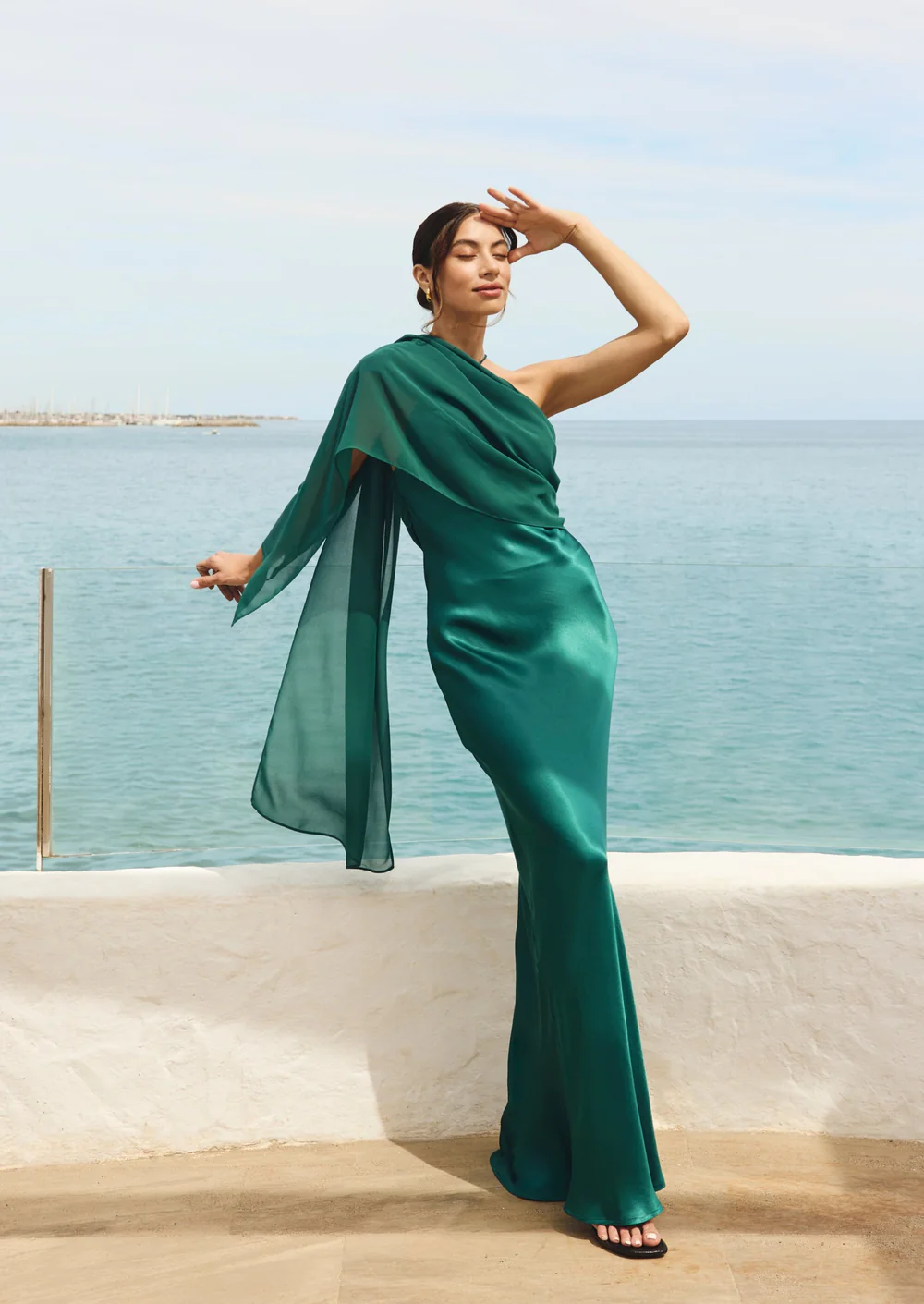 Imbracaminte Dama - Rochie lunga Capri satin, esarfa reglabila si croi pe bie – eleganta multifunctionala, marime universala S-M