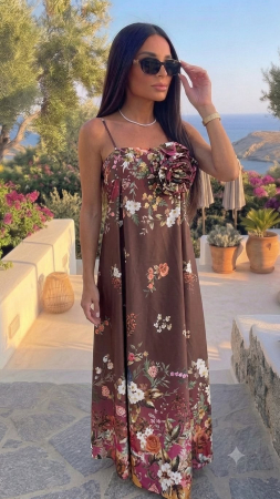 Rochii Dama - Rochie lunga cu imprimeu floral si floare decorativa la bust din bumbac
