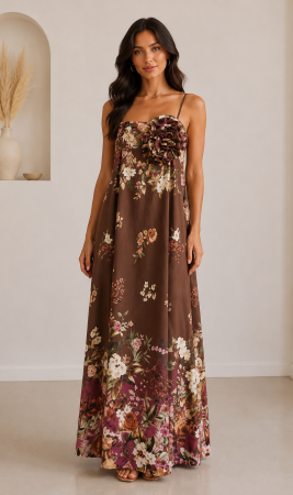 Rochii Dama - Rochie lunga cu imprimeu floral si floare decorativa la bust din bumbac