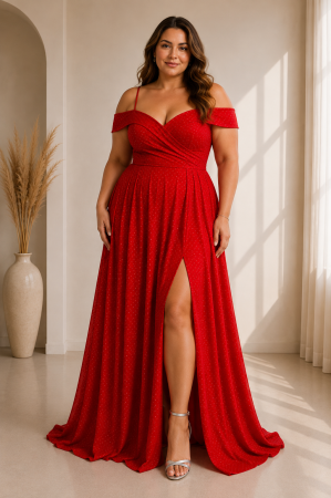 Rochii Dama - Rochie lunga cu umeri cazuti, slit pe picior si strasuri din lycra marime mare