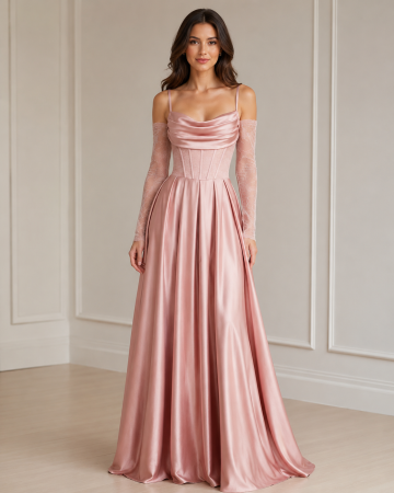 Rochii Dama - Rochie lunga din poliester satinat cu corset, maneci din dantela si spate cu snur