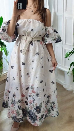 Rochii Dama - Rochie lunga eleganta de vara cu umeri goi si imprimeu floral, croi clos si maneci bufante, marime universala S-L