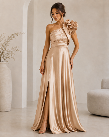 Rochii Dama - Rochie lunga eleganta pe un umar din poliester satinat cu floare decorativa si slit lateral