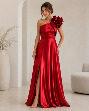 Rochii Dama - Rochie lunga eleganta pe un umar din poliester satinat cu floare decorativa si slit latera