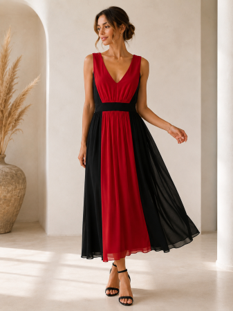 Rochii Dama - Rochie lunga eleganta rosu-negru cu decolteu in V si croi vaporos