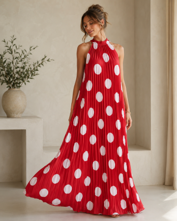 Rochii Dama - Rochie lunga plisata cu buline mari, model halter elegant