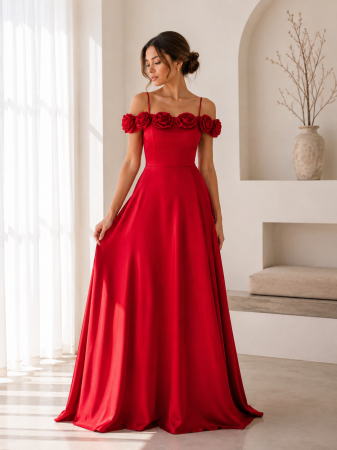 Rochii Dama - Rochie lunga satinata cu decolteu floral si trandafiri 3D