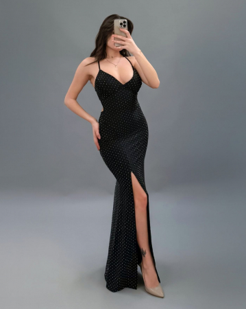 Rochii Dama - Rochie lunga satinata mulata cu slit adanc si strasuri – decolteu in V, spate lace-up, marime universala