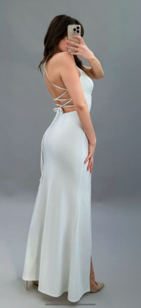 Rochie lunga satinata mulata cu slit adanc si strasuri – decolteu in V, spate lace-up, marime universala [1]