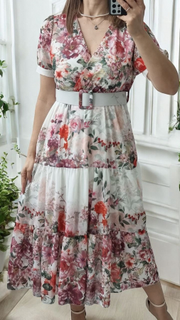 Imbracaminte Dama - Rochie lunga vaporoasa cu imprimeu floral si curea accesorizata, croi in clos, marime unica S-L