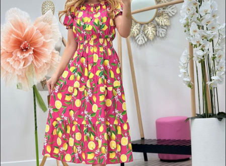 Imbracaminte Dama - Rochie lunga vara din vascoza cu imprimeu lamai, marime universala, talie elastica