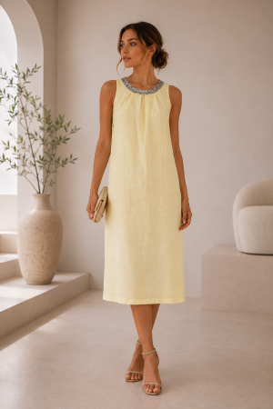 Rochii Dama - Rochie midi 100% in cu decolteu rotund si detaliu decorativ la guler