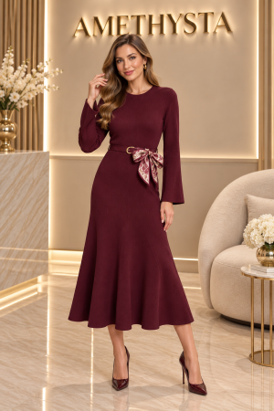 Rochii Dama - Rochie midi cu curea in talie si esarfa decorativa