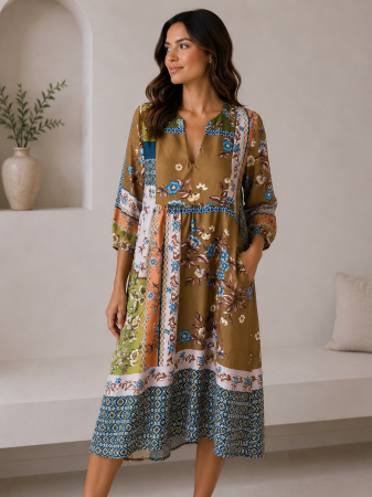 Rochii Dama - Rochie midi cu imprimeu floral, decolteu in V si maneci trei sferturi