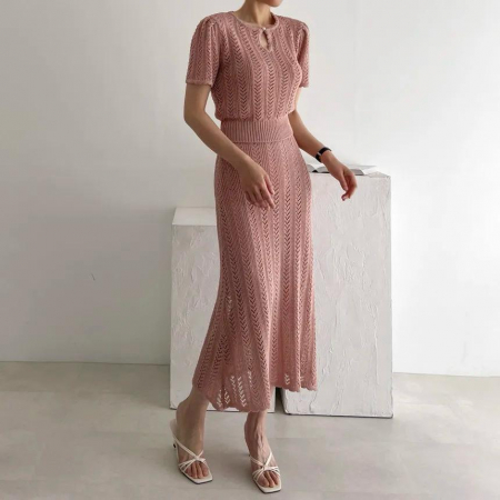 Compleuri Dama - Compleu dama de vara cu bluza si fusta midi  tricotata