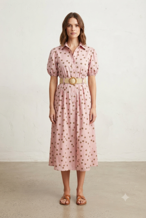 Rochii Dama - Rochie midi din bumbac tip camasa cu buline si curea in talie