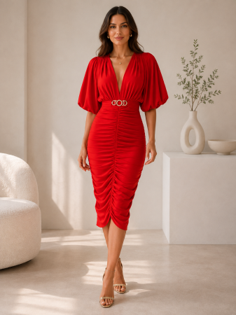 Rochii Dama - Rochie midi din lycra cu fronseuri si detaliu metalic in talie