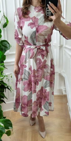 Imbracaminte Dama - Rochie midi din vascoza cu imprimeu floral si cordon – marime universala S-XL