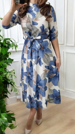 Rochii Dama - Rochie midi din vascoza cu imprimeu floral si cordon – marime universala S-XL