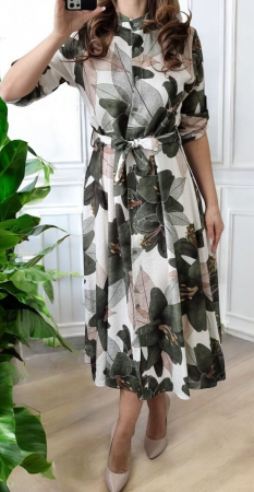 Rochii Dama - Rochie midi din vascoza cu imprimeu floral si cordon – marime universala S-XL