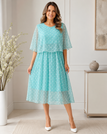 Rochii Dama - Rochie midi din voal cu buline albe si croi lejer elegant
