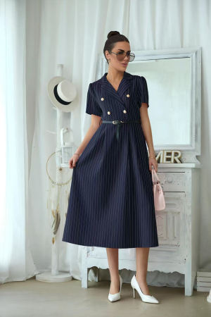 Rochii Dama - Rochie midi eleganta dama cu dungi fine, cordon in talie si guler tip sacou 3051