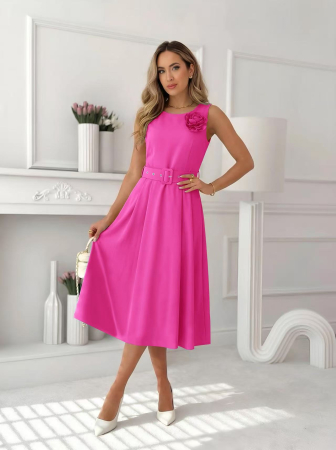 Rochii Dama - Rochie midi eleganta dama fara maneci cu floare decorativa si curea in talie A3011