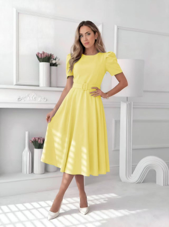 Rochii Dama - Rochie midi eleganta dama uni cu curea in talie si maneca bufanta