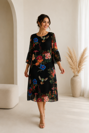 Rochii Dama - Rochie midi neagra cu imprimeu floral si maneci vaporoase