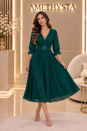 Rochii Dama - Rochie midi plisata cu curea in talie si maneci bufante