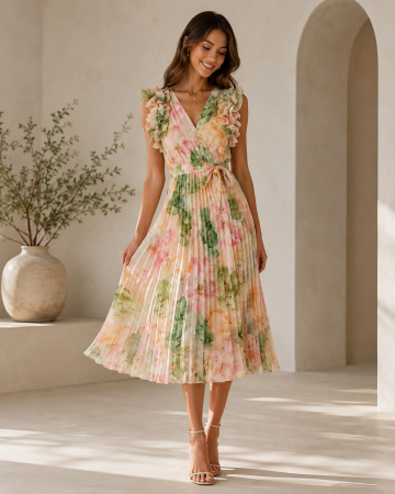 Rochii Dama - Rochie midi plisata cu imprimeu floral pastel si volane la umeri