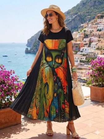 Rochii Dama - Rochie midi plisata dama cu imprimeu artistic si croi lejer