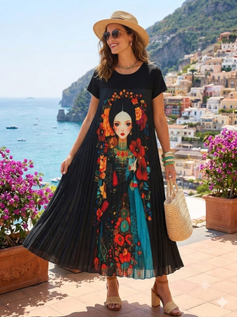Rochii Dama - Rochie midi plisata dama cu imprimeu artistic si croi lejer  Descriere scurta: