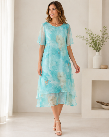 Imbracaminte Dama - Rochie midi vaporoasa din voal cu imprimeu floral si maneci lejere