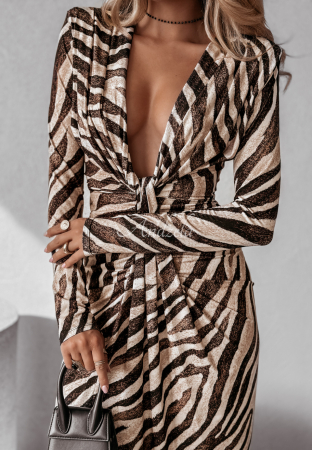 Rochie maxi cu imprimeu animal print si fronseuri - decolteu adanc - Hannah - maneca lunga [1]