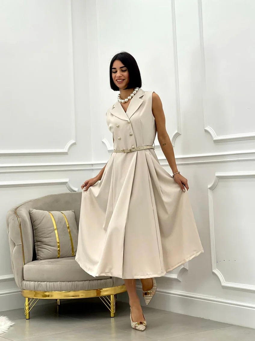 Rochie plisata eleganta cu nasturi si curea – marime universala S-L, croi regular, stil office [2]