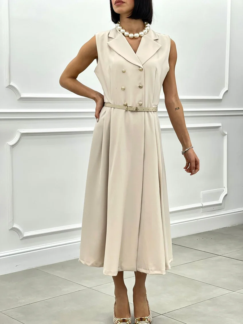 Rochie plisata eleganta cu nasturi si curea – marime universala S-L, croi regular, stil office [3]